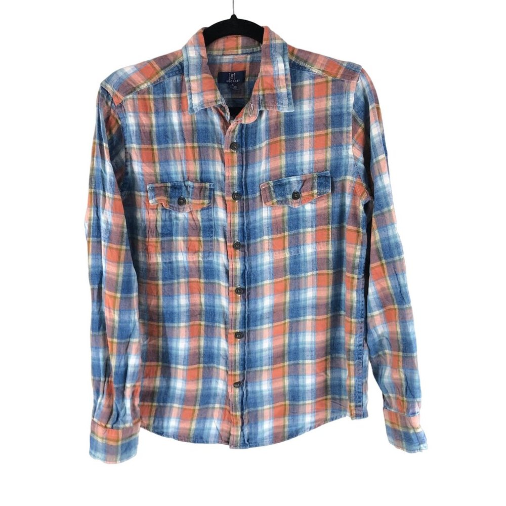George Mens Flannel Shirt Cotton Button Down Plaid Pockets Orange Blue S